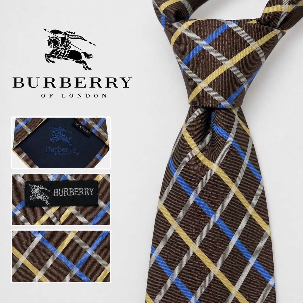Burberry Tie Mens OS Brown Blue Yellow Plaid Check Silk Made in Italy Classic